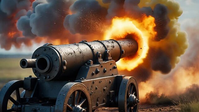 Explosive cannon firing with bright orange flames and thick gray smoke on a rugged battlefield, showcasing historical warfare power