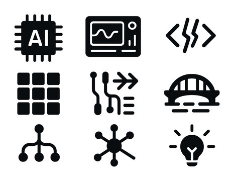 Tech Innovation Icons. Solid, filled icons set of technology and digital innovation: AI chip, future interface