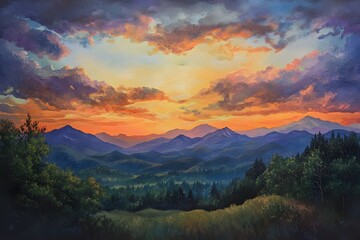 Sunset in smoky fog mountains