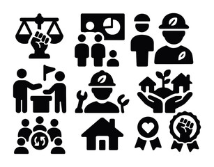 Environmental Justice Icons. Solid, filled icons set of environmental justice and community-led change: equity
