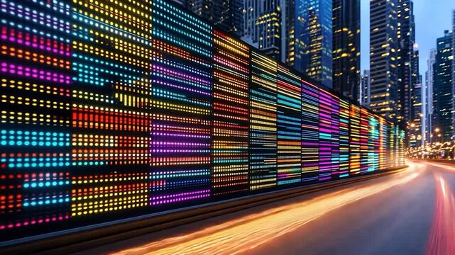 Vibrant Cityscape at Night: Colorful LED Wall on Urban Road