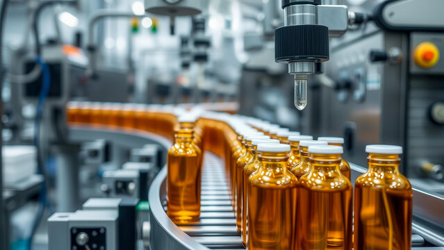 An automatic pharmaceutical line fills amber bottles with liquid medicine. A dropper accurately doses the drug on the conveyor. A sterile zone guarantees quality control.