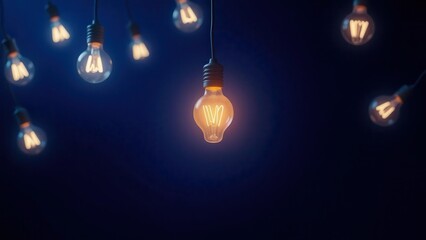 Glowing light bulbs on a blue background, symbolizing ideas, inspiration and intelligence. Conceptual image of innovation. Ideal for creativity and technology themes.