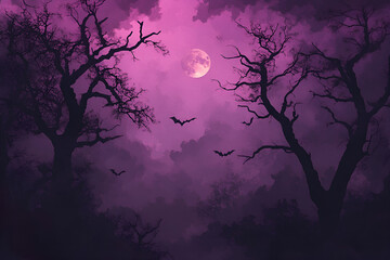 Spooky Purple Halloween Night: Bats, Moon, and Trees