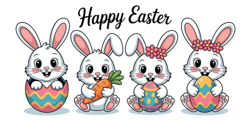 Adorable Easter Bunnies with Eggs and Carrot Cartoon Illustration