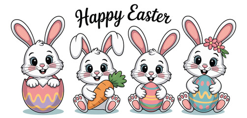 Adorable Easter Bunnies with Eggs and Carrot Cartoon Illustration