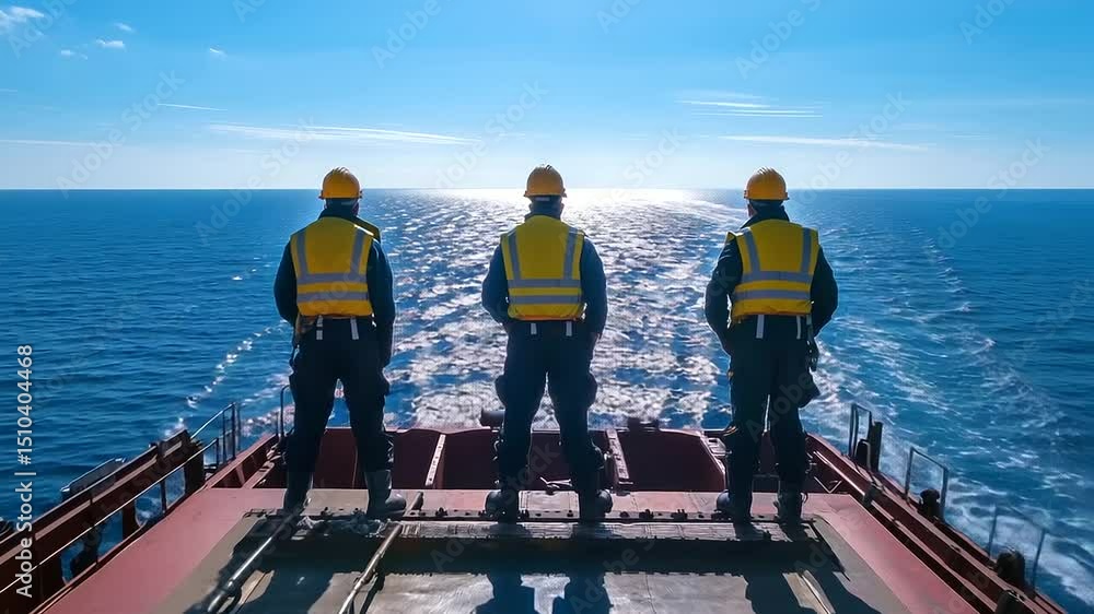 Poster crew on deck of bulk carrier inspecting loading hatches in midday light, endless rows of metal blend