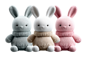 Soft knitted bunny toys in pastel colors for children’s playtime