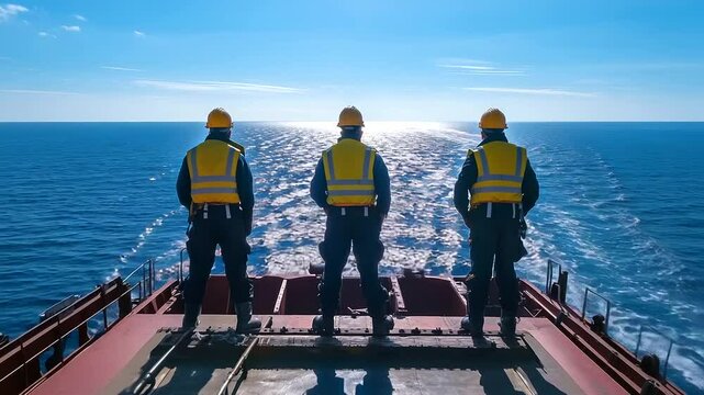 Crew on deck of bulk carrier inspecting loading hatches in midday light, endless rows of metal blending into shimmering sea horizon
