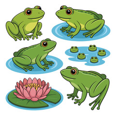 Cute Cartoon Frogs on Lily Pads and Water Lilies