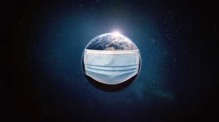 Face mask floating around earth in space shows global health crisis and pollution impact, pollution woes, pollution problems, air pollution