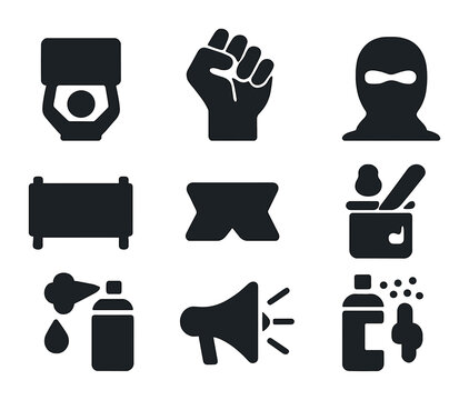 Street Art Icons. Solid, filled icons set of politically-driven street art: protest icon, resistance fist,