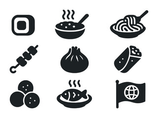 Global Cuisine Icons. Solid, filled icons set of global cuisine delivery options: sushi roll, curry bowl,