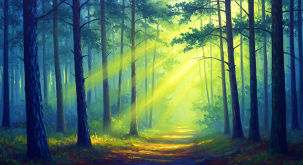 Fototapeta premium Mystical Forest Path with Sunbeams Through Trees - Digital Painting