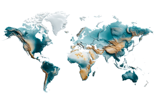 Detailed relief map showing elevation variations across the world