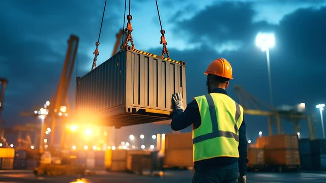 Worker in neon vest operating mobile gantry crane, lifting metal container over asphalt yard with bustling background