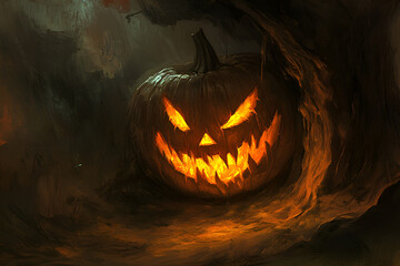Evil Halloween Pumpkin Glowing In Dark Cave