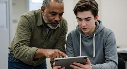 Older Man and Young Boy Using Tablet in Indoor Setting