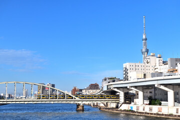 隅田川を渡るJR総武線の黄色い車両とスカイツリー