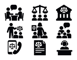 Legal Aid Icon Set. Solid, filled icons set of legal aid and access to justice: free consultation icon,