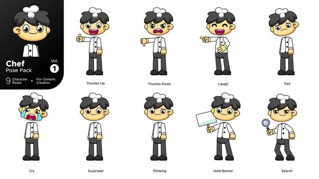 Animated Chef Pose Pack Vol.1, 9 Emotions in Cute Chibi Style, Loop Greenscreen 