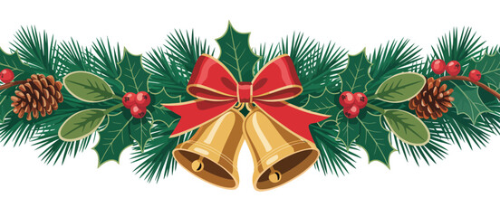 Christmas Holly Pine Cones Bells and Red Bow Festive Garland
