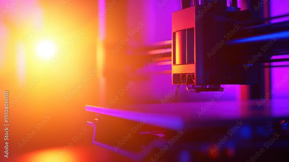Poster close-up view of a 3d printer in action, illuminated by colorful lights, showcasing technology and i