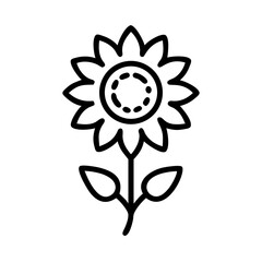 Outline illustration of a sunflower with leaves on a stem  