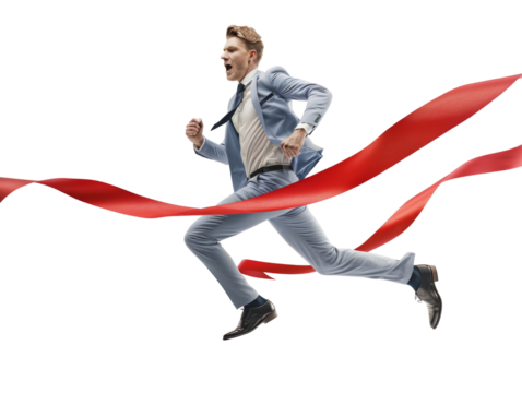 Determined businessman sprinting towards victory crossing the finish line triumphantly