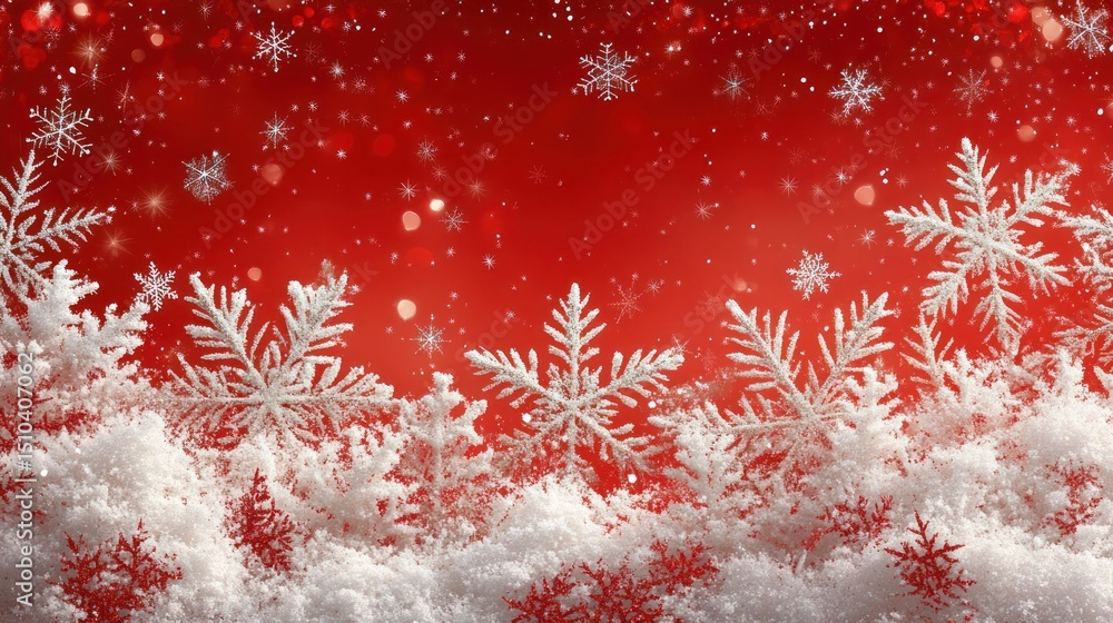 Poster snowflakes on snow with red bokeh background