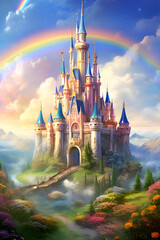 Enchanted fairy tale castle under a rainbow in a mystical landscape