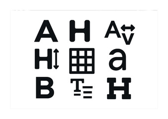 Modern Typeface Icons. Solid, filled icons set of modern type design elements: geometric font, clean lines,