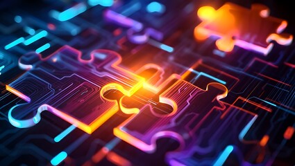 Futuristic Abstract Puzzle Piece Illustration with Glowing Interconnected Parts in Vibrant Gradient Colors