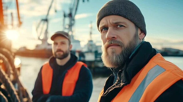 Veteran docker showing new recruit proper mooring rope techniques, generational contrast between workers in bright sunlight