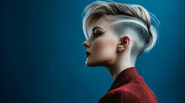 A trendy blonde woman model showcases a fashionable profile. Her stylish haircut features a sidecut, highlighting her blue eyes. This hairstyle is the latest in fashion.