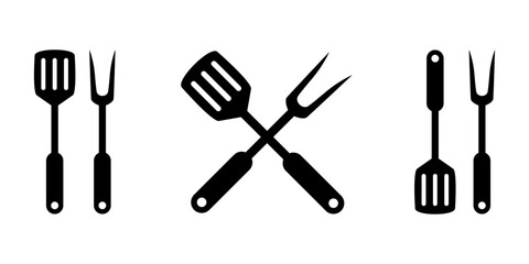 Grill fork and spatula tools icon vector set. Barbecue or BBQ symbol silhouette