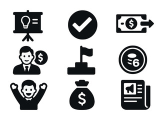 Venture Capital Icons. Solid, filled icons set of venture capital milestone celebration: pitch deck, check