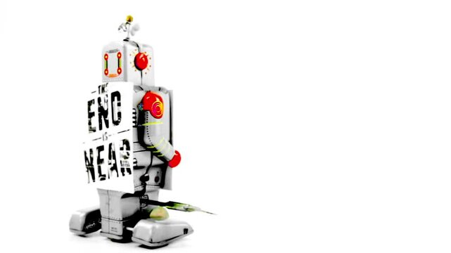 The end is near, a frantic robot isolated on white 