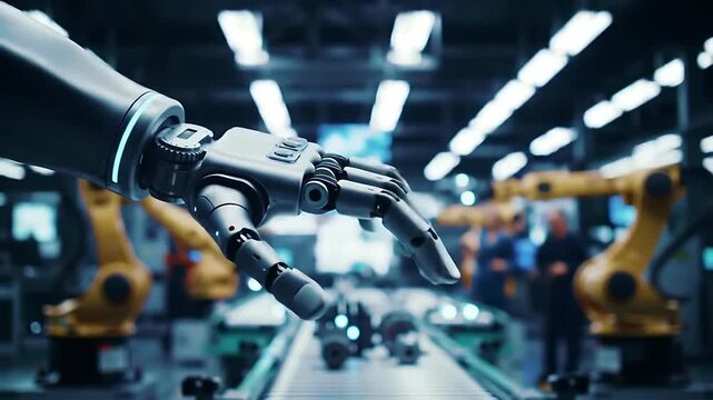A robotic hand is shown in a factory setting Video 60 fps 4k
