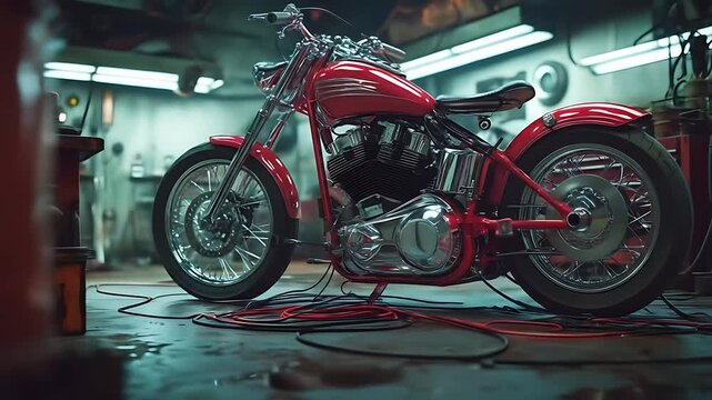 Red Bobber Motorcycle Workshop Circular Showcase 4K 60 fps