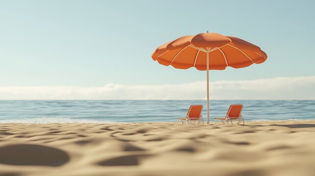 Beach umbrella and chairs on golden sand, summer relaxation and getaway concept