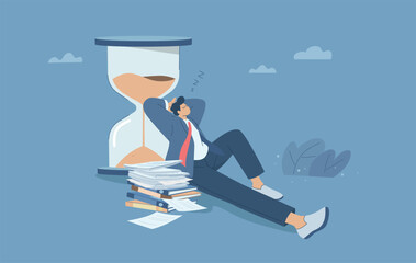 Lazy businessman sleeping next to hourglass near pile of documents, Procrastination concept, Lost time, Work delay, Poor work performance, Flat vector design illustration.
