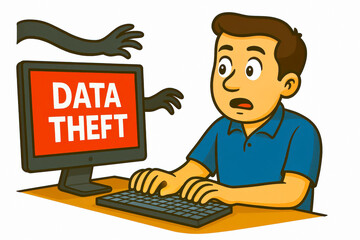 Shocked man at computer – data theft through digital threat from screen. Black claw-like hands symbolize invisible hacker attacks and unauthorized access to personal information.