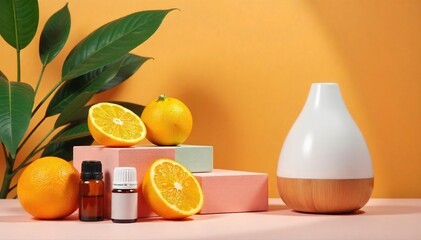 A vibrant still life featuring oranges, sliced and whole, alongside wellness items like yoga blocks, essential oils, and a diffuser, creating a mood of calm and healthy energy , sunny, vitamin c