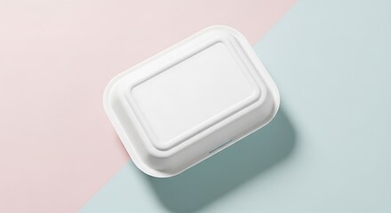 White Rectangular Takeout Container On Pastel Pink And Blue Background With Shadow.