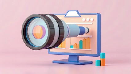 SEO Marketing traffic 3D concept. Creative lens focusing on data analysis and visualization concept.