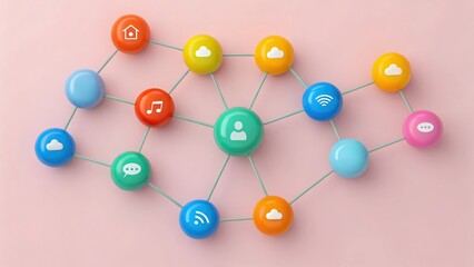 Obraz premium SEO Marketing traffic 3D concept. Colorful network of icons representing social connections and communication.