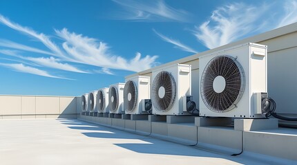 Row of air conditioning units on a rooftop under a bright blue sky with wispy white clouds above them