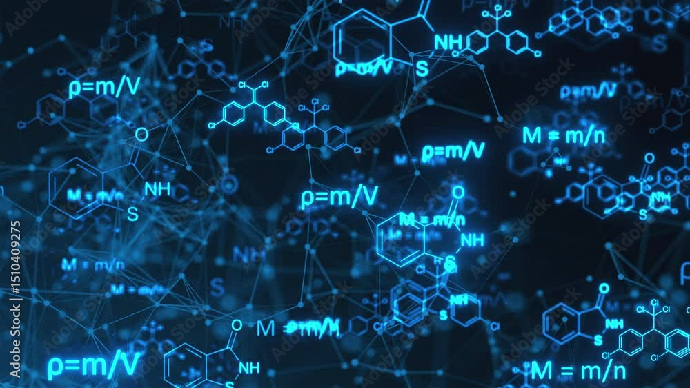 Poster chemistry formulas with connection dots. computer generated 3d render
