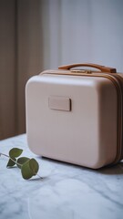 Minimalist cosmetic travel case , beige cosmetic travel case on marble , elegant cosmetic travel case for modern travelers